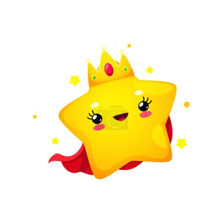 Illustration for Cartoon cute cheerful kawaii star and happy twinkle character in golden crown and a vibrant red cape. Isolated vector joyful toon personage radiates pure delight and cuteness, light up celestial world - Royalty Free Image