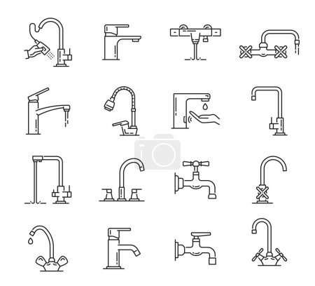 Illustration for Tap kitchen and bathroom faucet icons. Vector thin line sink faucets and bathtub mixer taps with water drops and flow, valve knobs and levers, shower and hose. Outline plumbing fixtures, tapware signs - Royalty Free Image
