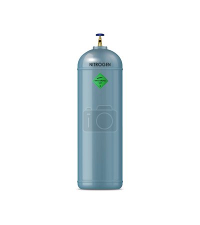 Realistic nitrogen gas metal cylinder. Isolated vector steel labeled pressurized tank, storing colorless non-flammable gas essential for industrial applications, with a valve for controlled release