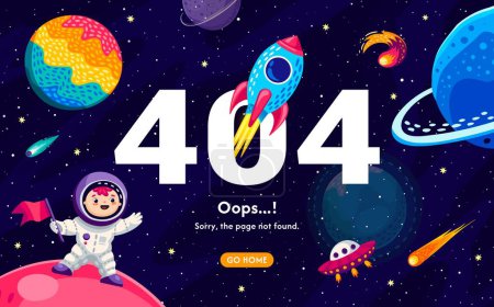 Ilustración de 404 página, paisaje espacial de galaxias con estrellas, planetas, cohete espacial y astronauta niño, fondo vectorial. 404 error de página web y Ups página no encontrada con ir a casa botón con nave espacial y OVNI alienígena - Imagen libre de derechos
