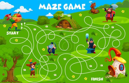 Illustration for Kids labyrinth maze game, cartoon garden gnome and dwarf characters. Vector board worksheet riddle, help funny cartoon leprechauns find their homes on summer field with tangled path, start and finish - Royalty Free Image