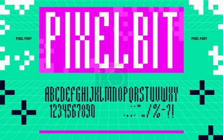 Illustration for Pixel font, 8bit game geometric alphabet, digital typeface, binary type square-shaped characters in style of low-resolution display. Letters, numbers and signs constructed with a grid of blocky pixels - Royalty Free Image