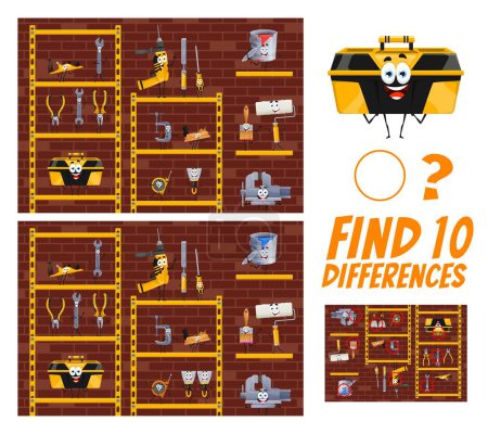 Illustration for Find ten differences between cartoon diy and repair tools characters. Kids vector game, educational worksheet with spanner, tape and pliers. Vice, plane, spatula, drill and screwdriver on garage shelf - Royalty Free Image