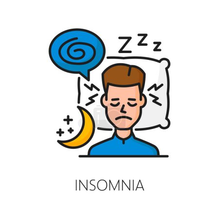 Illustration for Insomnia icon of hematology or anemia symptoms and disease of iron deficiency, vector color line. Blood low hemoglobin cells and anemia cause of illness and health problem with insomnia - Royalty Free Image