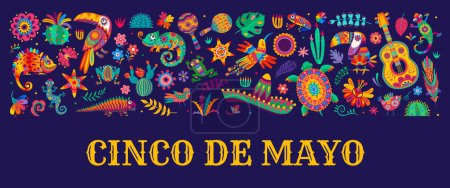 Téléchargez les illustrations : Bannière mexicaine de fête de cinco de mayo avec des articles de vacances vectoriels de dessin animé pour la célébration dans le style alebrije. Guitare, sombrero, maracas, colibri, pinata, tortue, fleurs de cactus et caméléon - en licence libre de droit