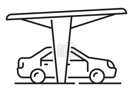 Auto parken, Garage dünne Linie Symbol oder Schild. Öffentlicher Parkplatz oder Lageskizze, Parkhaus-Service, Vektorsymbol oder Piktogramm mit Fahrzeug unterm Dach