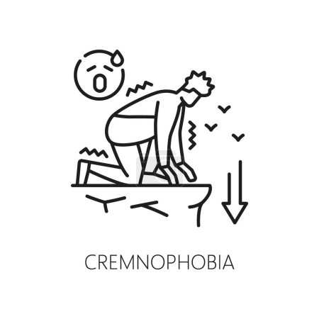 Illustration for Psychology problem, human cremnophobia phobia icon, mental health. Fear of precipices, mental disorder outline vector icon. People psychology problem linear symbol with scared man on cliff - Royalty Free Image