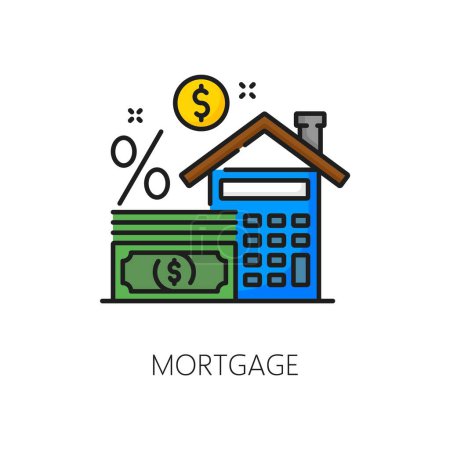 Mortgage icon for real estate buy or house apartments rent, vector color line. Residential property mortgage loan for purchase or home rental, outline icon of house and money with calculator percent