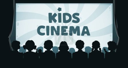 Illustration for Kids cinema, children movie theater silhouette. Vector banner features excited little viewers captivated by screen, rear view, creating a magical atmosphere in the enchanting world of cinematography - Royalty Free Image