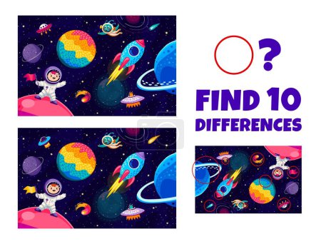 Téléchargez les illustrations : Trouvez dix différences dans le paysage de l'espace galaxie pour les enfants feuille de calcul de jeu, vecteur de dessin animé. Quiz spatial pour trouver dix différences d'image avec l'astronaute enfant, vaisseau spatial fusée galaxie et OVNI extraterrestre - en licence libre de droit