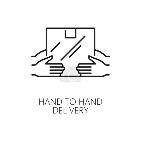 Illustration for Logistics line icon of hand to hand delivery of parcel box shipment, vector pictogram. Logistics and delivery service linear icon of post package order handling by courier to customer - Royalty Free Image