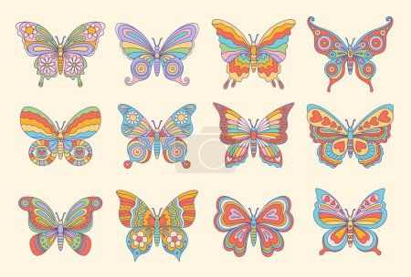 Téléchargez les illustrations : Groovy hippie papillons insectes dans le style rétro boho. Ensemble vectoriel isolé de papillons, affichant des teintes vibrantes rappelant les années 60 ou 70, ses ailes ornées de motifs trippés psychédéliques et colorés - en licence libre de droit