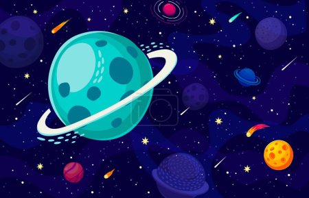 Téléchargez les illustrations : Dessin animé du paysage spatial de la galaxie avec Saturne planète et étoiles dans l'univers sombre et profond. Fond cosmique vectoriel, Saturne règne avec ses anneaux éthérés, entourée d'une tapisserie d'étoiles et de comètes - en licence libre de droit