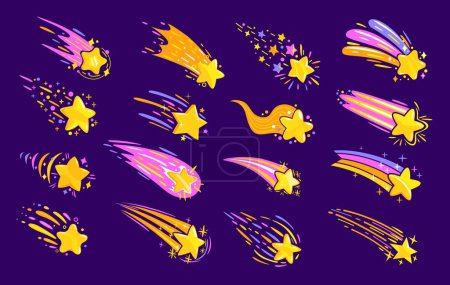 Téléchargez les illustrations : Dessin animé d'étoiles de l'espace filantes avec des sentiers, des comètes galactiques en chute et des silhouettes de météores. Ensemble vectoriel de météorites cosmiques brillantes et colorées avec des traces. Stries magiques de lumière et d'énergie en mouvement - en licence libre de droit