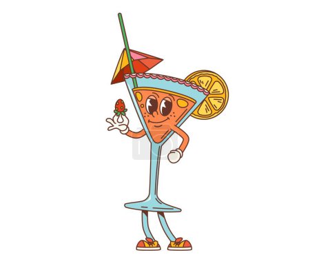 Illustration for Retro cartoon groovy party cocktail character. Isolated vector glass with alcohol drink, holding strawberry and adorned with lemon slice, umbrella and straw. Bar beverage personage celebrate party - Royalty Free Image