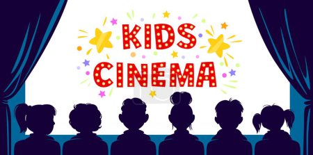 Illustration for Children cinema, kids movie theater silhouette. Vector banner features little viewers sitting in row, rear view, entranced by a glowing colorful screen, in the enchanting world of cinematography - Royalty Free Image