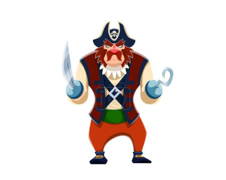 Illustration for Cartoon pirate sailor character with hook. Isolated vector sea captain corsair, swashbuckling personage with rugged beard and red nose, holding saber, ready for high-seas adventures and treasure hunts - Royalty Free Image