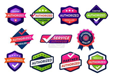 Illustration for Official authorized dealer, seller and distributor seals and mark labels vector set. Certified badges for service business center. Tags with checkmark, stamp, ribbon signifies approved authorization - Royalty Free Image