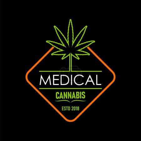 Ilustración de Icono de hoja de cannabis medicinal. Marihuana CBD, símbolo de la hierba. Producto médico del CBD retro impresión o insignia, granja de cannabis medicinal o hierba natural prima prima vector icono o sello gráfico - Imagen libre de derechos