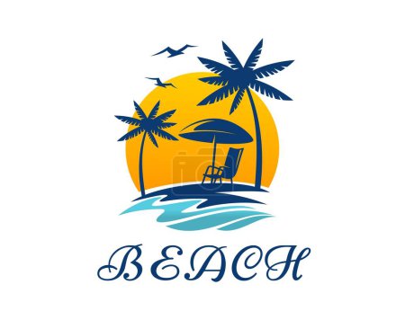 Illustration for Tropical summer beach logo icon with palm trees, umbrella and daybed at seaside with sun and flying gulls. Isolated vector emblem for summer travel, vacation or holiday spare time with paradise island - Royalty Free Image