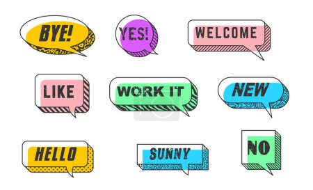 Illustration for Memphis speech bubbles isolated vector set. Colorful dialog and chat clouds, round, oval or square shapes with grunge typography words. Like, new or welcome, bye, work it. Hello, sunny, yes or no - Royalty Free Image