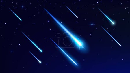 Ilustración de Cometas y asteroides realistas, estrellas espaciales fugaces con senderos en el cielo. 3d bolides vector con trazas luminosas azules racha a través del cielo de la noche. Bola de fuego cósmica, meteoritos, meteoritos en galaxias o cosmos - Imagen libre de derechos