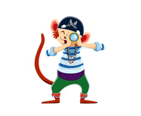 Ilustración de Dibujos animados divertido mono animal pirata marinero personaje con catalejo. Personaje aislado del marinero del mono del vector con sonrisa traviesa, sombrero amartillado y chaleco rayado, compañeros a través de spyglass, tesoros que buscan - Imagen libre de derechos