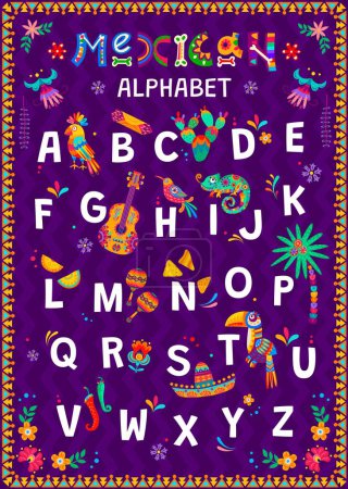 Kids Mexican alphabet with national cuisine, animals and flowers. Vector set of abc uppercase letters, adorned with traditional cacti, palm trees, chameleons, tex mex food, maracas, guitar and birds