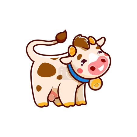 Cartoon personnage de vache avec cloche, animal de ferme mignon pour les enfants, vecteur isolé. Joyeux vache drôle avec mamelle et cloche de vache pour les produits laitiers ou les aliments pour bébés et les enfants imprimer
