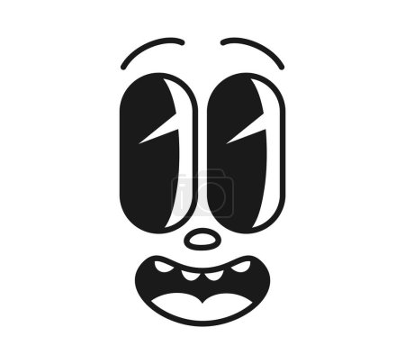 Illustration for Cartoon comic groovy smile face, funny eye emotion and retro cute emoji character. Isolated vector monochrome emoticon with goggle eyes and wide open toothy mouth, radiating fun, joy and positivity - Royalty Free Image