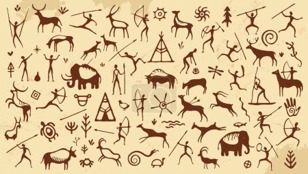 Illustration for Prehistoric cave painting, ancient stone drawing. Vector background with primitive caveman sketches, symbols of hunters, mammoths, animals, plants and ornaments. Petroglyph illustrations on rock wall - Royalty Free Image