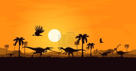 Illustration for Spinosaurus battle, dinosaur characters silhouettes on sunset. Vector prehistoric majestic dino personages with distinctive sailbacks clash at background with fading sky, orange sun and palm trees - Royalty Free Image