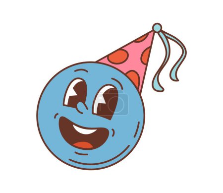 Illustration for Retro cartoon groovy smile character in festive party hat. Isolated vector vintage psychedelic personage with blue face, exudes carefree spirit and celebration vibes with its infectious and funky grin - Royalty Free Image