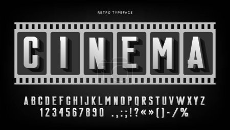 Illustration for Old movie font or retro cinema type of film poster typeface, vector vintage English alphabet. Hollywood movie font or cinema theater noir screen typography letters with black shadows in filmstrip - Royalty Free Image