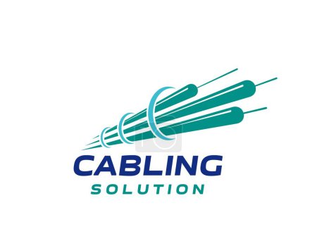 Fiber optic cable telecommunication icon. Isolated vector emblem with dynamic fibre wire broadband strand. Label for internet high-speed connection, fast data transmission and networking technology