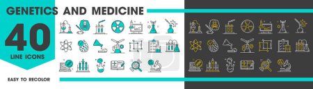 Illustration for Genetics and science icons, physics and medicine, chemistry and biology, line vector. Genetics laboratory tests and chemical vials, DNA and atom, molecular lab and genetic science research line icons - Royalty Free Image