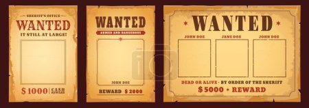 Illustration for Western wanted banners with reward. Dead or alive vintage poster vector templates. Wild West cowboy or Texas criminal wanted signs with blank photo frames and bounty on old paper texture background - Royalty Free Image