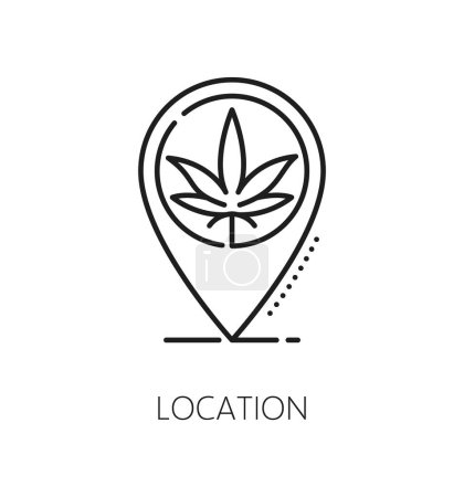 Illustration for Cannabis location line icon for medical marijuana or CBD weed store, vector symbol. Medical cannabis drug store or pharmacy and coffeeshop location icon with marijuana sativa leaf in point pin - Royalty Free Image