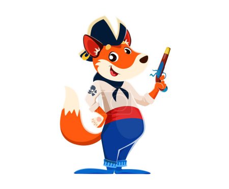 Cartoon funny fox animal pirate sailor character. Isolated vector sea corsair personage with charismatic smile, tricorn hat, neck bandana, skull and pistol gun in hand, exuding roguish vulpine charm