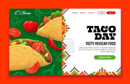 Jour de Taco, page d'accueil de livraison de cuisine mexicaine. Bannière web vectorielle offrant une cuisine mexicaine authentique. Profitez de la livraison à domicile de tacos préférés, débordant de saveurs traditionnelles et d'ingrédients frais
