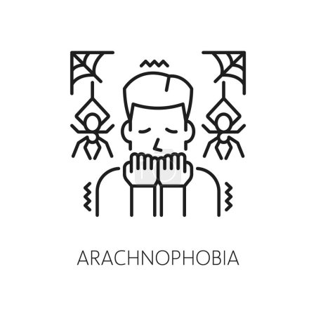 Illustration for Human arachnophobia phobia icon, mental health. Fear of spiders , mental disorder or psychological problem linear vector symbol or outline pictogram with man scared of spiders hanging on cobweb - Royalty Free Image