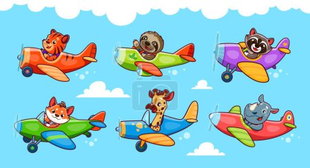 Zeichentrick-Baby-Tierfiguren auf Flugzeugen. Tiger und Faultiere, Waschbär und Fuchs, Nashorn und Giraffe tierische Flugzeugpiloten am bewölkten Himmel. Vektorpersönlichkeiten für Babyduschkarten oder Bücher-Illustrationen