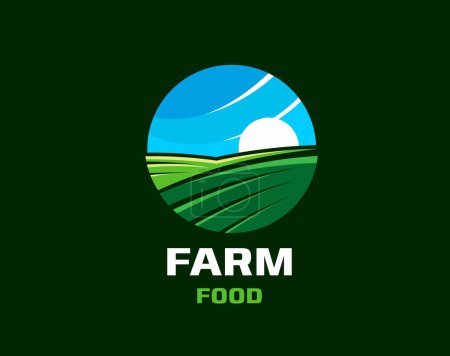 Illustration for Agriculture farm field icon. Isolated vector round emblem for natural organic food, harvest, healthy fresh, farmer market eco products. Rural ranch landscape with green meadow, hills, blue sky and sun - Royalty Free Image