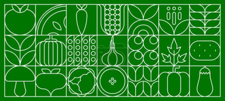 Illustration for Vegetables food abstract modern line geometric pattern. Vector outline signs of tomato, mushroom, beetroot and carrot. Pumpkin, cabbage and garlic, potato, eggplant or pea pods on green background - Royalty Free Image