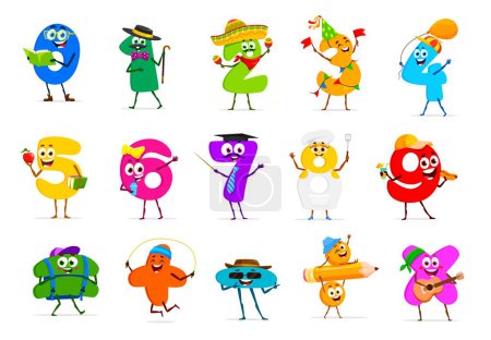 Ilustración de Dibujos animados números matemáticos divertidos personajes. Lindos dígitos y signos de matemáticas personajes con caras felices y sonrisas. Números de color, suma, resta y multiplicación, iguales y símbolos de división - Imagen libre de derechos