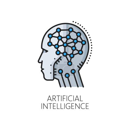 Téléchargez les illustrations : Algorithme d'intelligence artificielle, icône de couleur de ligne mince d'apprentissage automatique d'IA. Algorithme intelligent robotique, icône vectorielle de contour de technologie d'intelligence artificielle avec cerveau artificiel androïde ou cyborg - en licence libre de droit