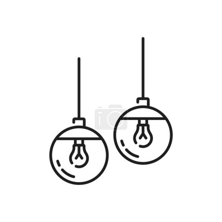 Téléchargez les illustrations : Lampes suspendues icône de ligne, plafonniers avec ampoules LED en boules de verre, vecteur contour. Lampes suspendues modernes avec ampoules dans des abat-jour pour l'éclairage intérieur de la maison et l'icône de l'appareil d'éclairage - en licence libre de droit
