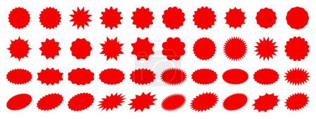 Illustration for Starburst sale price stickers and labels, star and rosette, sunburst, callout and splash, stamp and tag badges. Isolated vector circle and oval red stickers, promo labels and tags with scalloped edges - Royalty Free Image