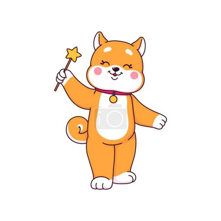 Illustration for Cartoon japanese happy shiba inu puppy dog character with magic wand. Cute kawaii pet personage of vector brown dog animal playing with star stick. Japanese shiba inu puppy with funny smiling face - Royalty Free Image