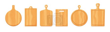 Cartoon wooden kitchen chopping boards, vector food cooking tools. Isolated round and paddle shape cutting or chopping boards set with brown wood texture. Restaurant and household kitchen utensils